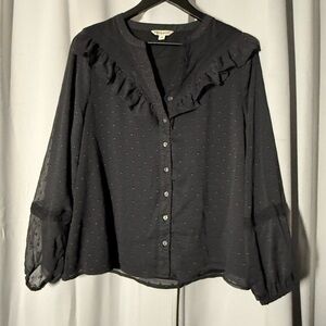 FRYE AND CO. Black Ruffled Blouse with Swiss Dot Pattern